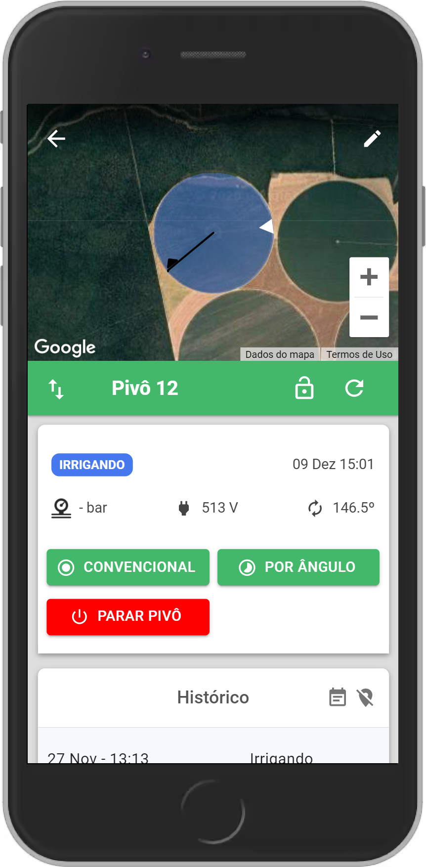 Tela de um smartphone exibindo a página de ativação remota do pivô.