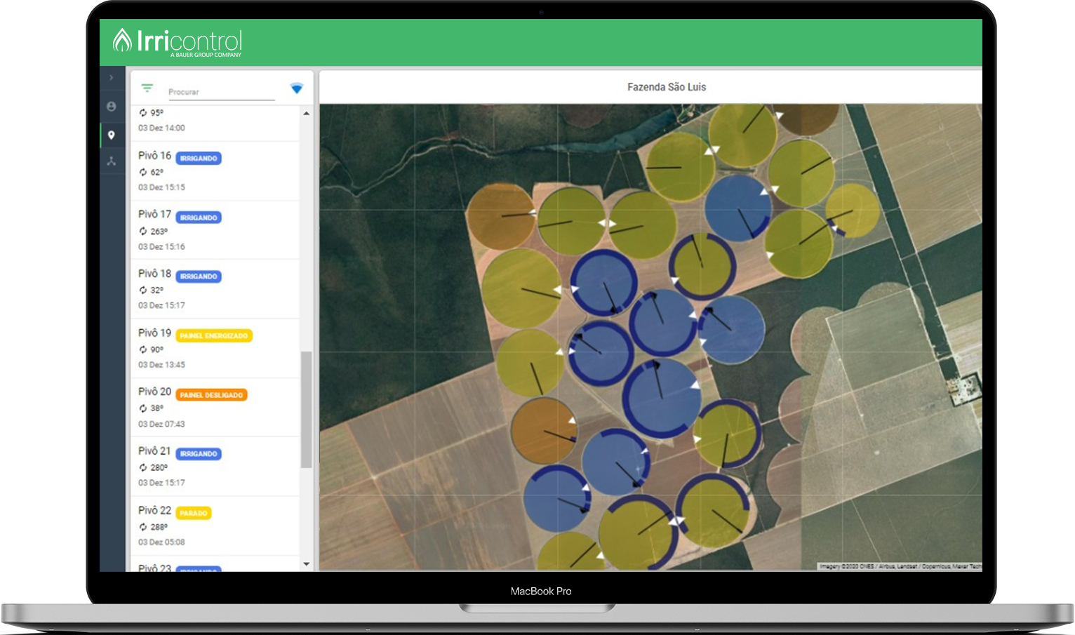 Visão geral dos pivôs automatizados da fazenda através da plataforma na tela de um notebook.